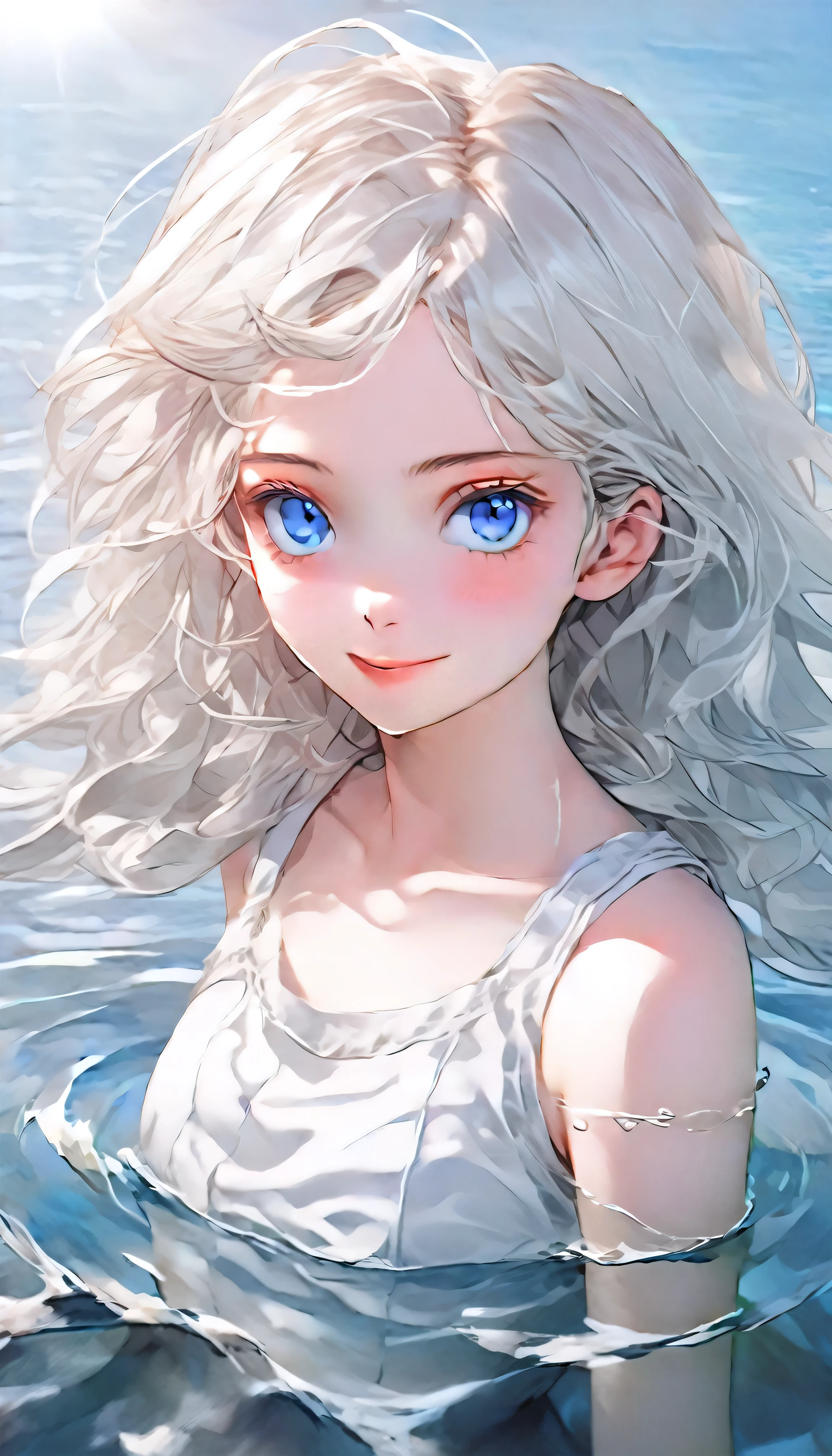 Anime style female character in water, (long  white hair:1.2), (Kind expression:1.1), blue colored eyes, white top, (rippling effect of water around the body:1.3), sunlight reflecting on the water, Clear sky, subtle splashes of water, high-resolution digital art, soft color palette, atmosfera tranquila, (serene ocean background:1.1), Realistic water texture
