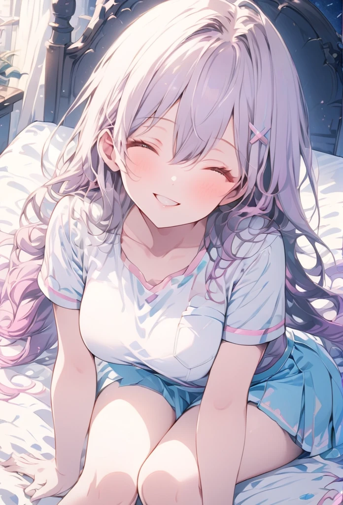 masterpiece, best quality, high quality, detailed, ultra detailed, hyper detailed, insanely detailed, exquisite, beautiful, absurdres, highres, 16K, 8K, pastel colors, a girl, smiling, happy, sitting on the floor, looking at viewer, long hair, hair between eyes, gradient hair, silver hair, purple hair, purple eyes, closed eyes, tareme, droopy eyes, in the bedroom, with a bed, at midnight, kawaii, cute, UwU, cel anime, soft-edged, full body shot, from above, nurse, mini skirt