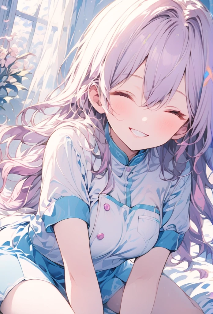 masterpiece, best quality, high quality, detailed, ultra detailed, hyper detailed, insanely detailed, exquisite, beautiful, absurdres, highres, 16K, 8K, pastel colors, a girl, smiling, happy, sitting on the floor, looking at viewer, long hair, hair between eyes, gradient hair, silver hair, purple hair, purple eyes, closed eyes, tareme, droopy eyes, in the bedroom, with a bed, at midnight, kawaii, cute, UwU, cel anime, soft-edged, full body shot, from above, nurse, mini skirt