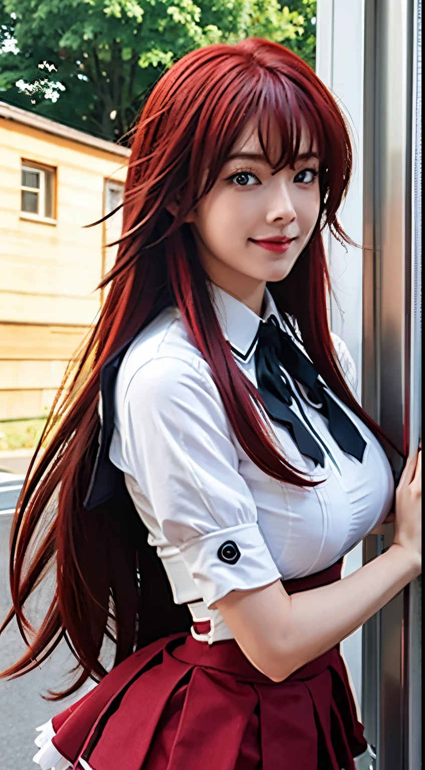 (masterpiece:1.2), (photorealistic:1.2), (best quality),((realistic:1.3)), (detailed skin:1.3), (intricate details), dramatic, ray tracing,finely detailed, quality,realistic lighting,huge breasts,1girl,1girl, rias_gremory,school uniform, red hair, ahoge, blue eyes, large breasts, very long hair, breasts, red skirt, huge ahoge, socks,,full body,smile,looking at viewer,(outdoors,dynamic pose)