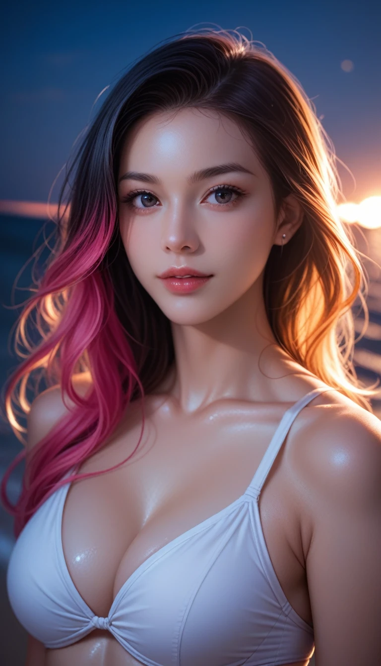 Highest quality, masterpiece, Ultra-high resolution, (Realistic: 1.4), RAW Photos, 1 Girl, Shiny skin, (Ultra-Realistic Details)), Portraiture, Global Illumination, Shadow, Octane Rendering, 8k, Ultra Sharp, big, South Korea details, Very intricate detail, Realistic Light, CGSoation Trend, Purple eyes, Glowing Eyes, To the camera, Neon Details,(Lighting on face:1.5)),((Delicately depicting the face:1.2)),((multicolored hair colors:1.4)),((Very short bob hair:1.2),(((Completely naked))),(((nsfw))),(Bodybuilding Championship Winner),((whole body muscular:1.4)),((Girl with a toned body:1.4)),((A girl with amazing abs:1.4)),
