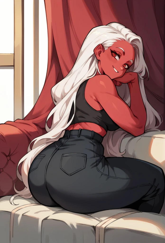 red skin woman, white hair,Long hair, black pants, red eyes, Black clothes,Big ass, smile,Sitting with her head resting on her hand