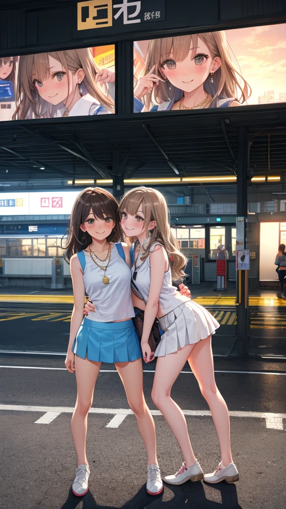(((masterpiece, highest quality, High resolution, 超High resolution, Perfect Pixel, Depth of written boundary, 4K, RTTX 10.0))), Beautiful Anime Woman, Beautiful art style, Anime characters, ((Smooth texture, Realistic texture, Anime CG Style)), Exact finger count、Exact number of legs、(Exact number of arms:1.0, Exact number of hands:1.0), (Perfect hands, Perfect Anatomy), Cinematic, Realistic, Extremely detailed CG, Daytime lighting, Perfect lighting, Best Shadow, The best natural light, whole body, Perfect body, (Slender body:1.2), whole body, ((Long Hair, bangs, Dark brown hair, おしゃれでcute整った髪型)), ((4人のcute女性は横に並んでスカートを自分でめくりながら立っている:1.3)), beauty, cute, (Fashionable white shirt, Sailor collar, Knee-high socks, loafers, Pleated mini skirt:1.3), ((セクシーでcuteパンティ, Stylish shiny satin panties, Side-tie panties, Thin panties:1), White panties, Dark pink panties, Light blue panties, Blue panties:1.3), (Beautiful and big breasts:1.2), (Beautiful and thin thighs:1.3), Short torso, Feeling embarrassed, (blush:1.2), (Very embarrassed look:1.2), (At the amusement park, Ferris wheel and roller coaster in the background, Lots of happy people in the background々:1.3), Angle from the front, All about the same height