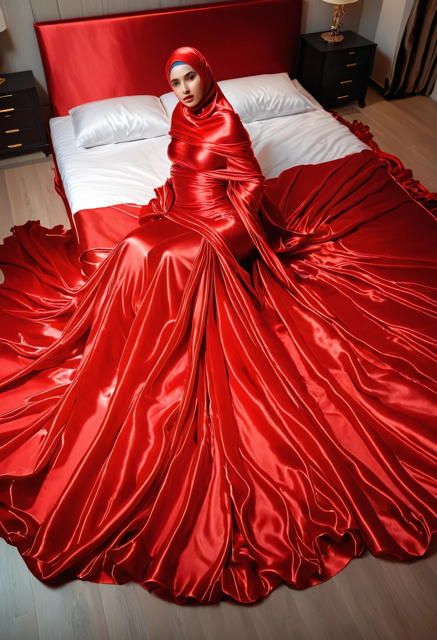 a sexy a woman covered in large red satin cloth, tied tightly with the satin cloth, mummified, the satin hanging down very long, a mermaid style dress, wearing a satin hijab, the satin cloth is very long, forming the curve of the body, wide and dramatic satin fabric tail , full body pose, see camera, in luxury bedroom, masterpice, 4k resolution, ultra-realistic, highly detail.