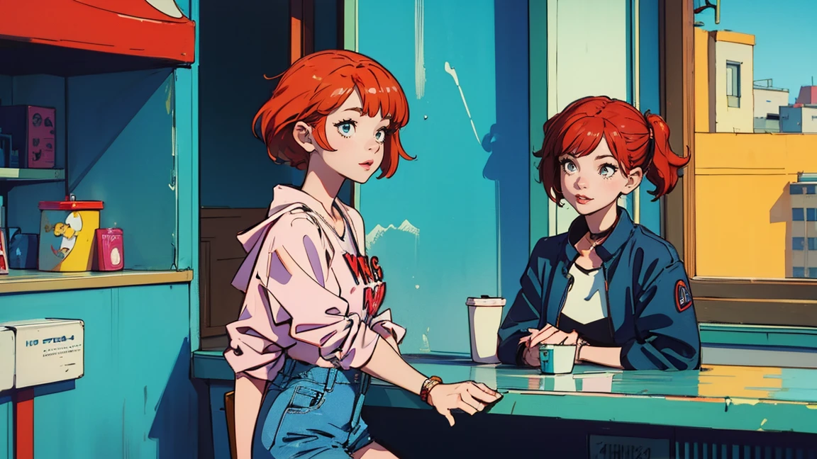 (masterpiece, best quality), 2girls, petite, , (white panties), bottom, colotful t-shirt, closeup, (freckles), smile, eating, sitting in street cafe, plenty of dishes, city street, blue skies, vibrant colors, bright, watercolor
