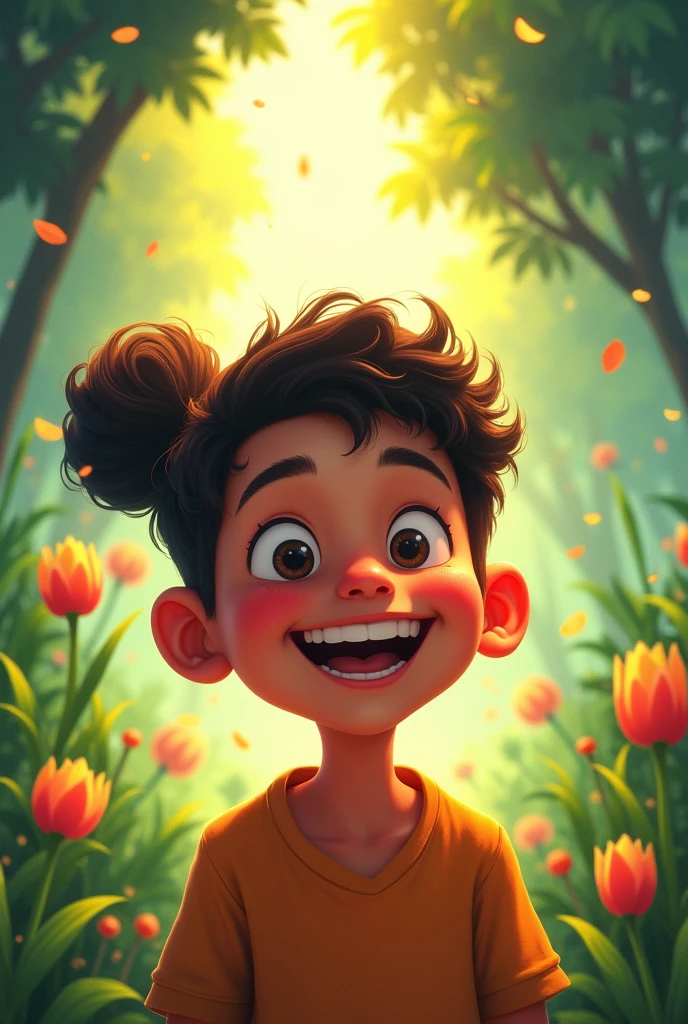 A Disney-Pixar style, a 12year-old boy, eyes closed dark-skinned, eyes close