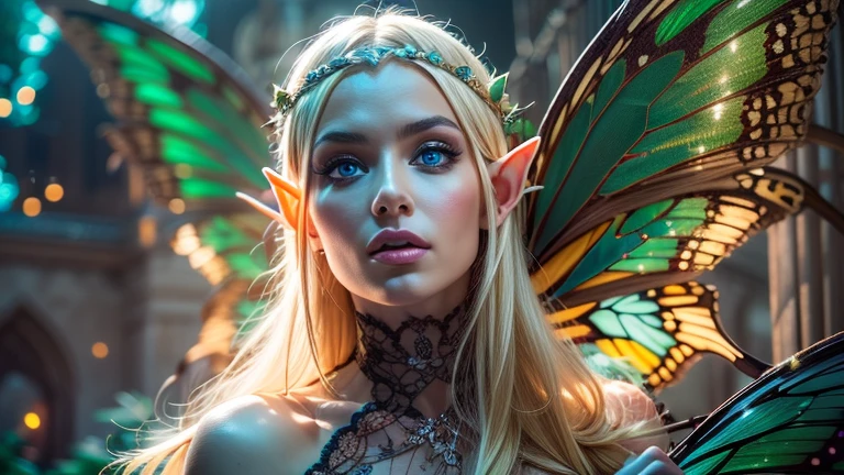 Beautiful, Amazing face and eyes, makeup, (extremely detailed beautiful face), Blonde, (sexiest look), (Beautiful breasts:1.3), (Best Quality:1.4), (Ultra-detailed), (extremely detailed CG unified 8k wallpaper), Highly detailed, RAW Photos, Professional Photography, (silk see through lace:1.3), full body, sitting, (Spread your legs), (:1.4), plein air, Illumination, (Super fancy photos:1.4), (Dazzling light), Radiant Photography, depth of fields, (Glowing blue eyes), (realistic elf ear), (castle, fantasy setting), ((orbs)), massive butterfly wings,