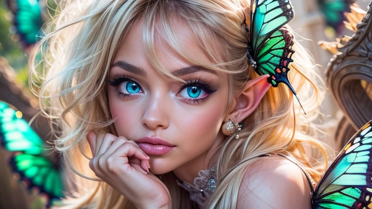 Beautiful, Amazing face and eyes, makeup, (extremely detailed beautiful face), Blonde, (sexiest look), (Beautiful breasts:1.3), (Best Quality:1.4), (Ultra-detailed), (extremely detailed CG unified 8k wallpaper), Highly detailed, RAW Photos, Professional Photography, (silk see through lace:1.3), full body, sitting, (Spread your legs), (:1.4), plein air, Illumination, (Super fancy photos:1.4), (Dazzling light), Radiant Photography, depth of fields, (Glowing blue eyes), (realistic elf ear), (castle, fantasy setting), ((orbs)), massive butterfly wings,