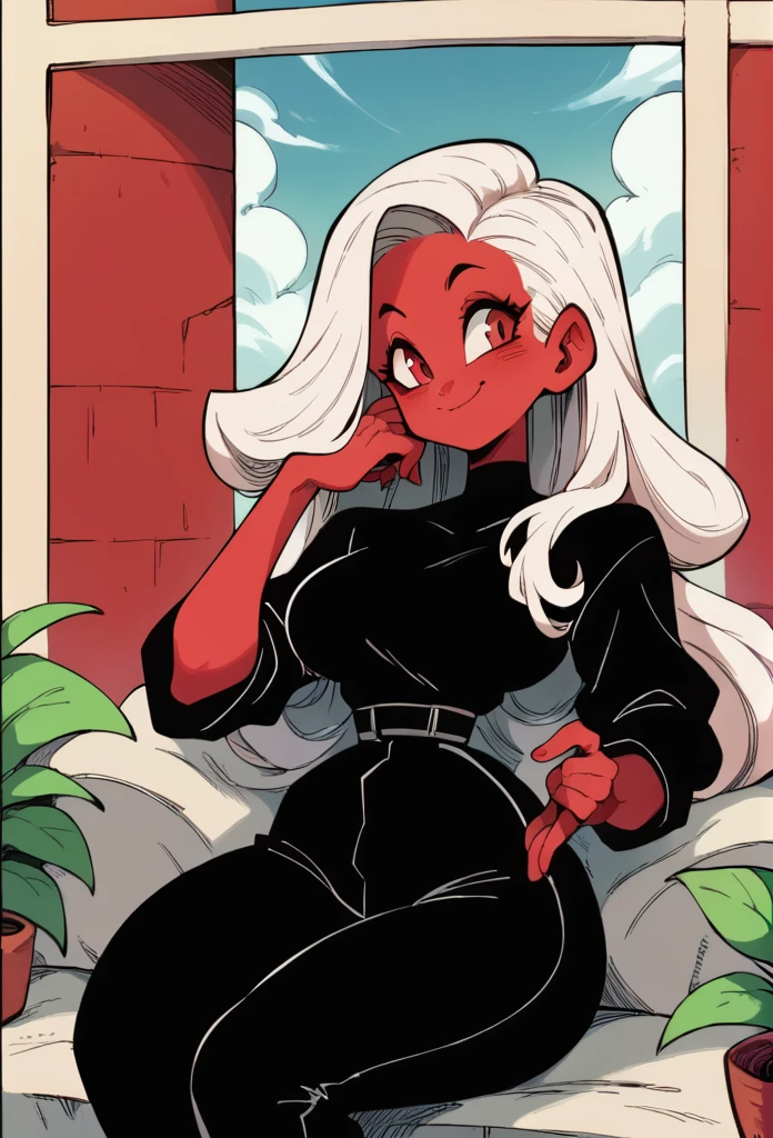 red skin woman, white hair,Long hair, black pants, red eyes, Black clothes,Big ass, smile,Sitting with her head resting on her hand,Big waist, wide hips 