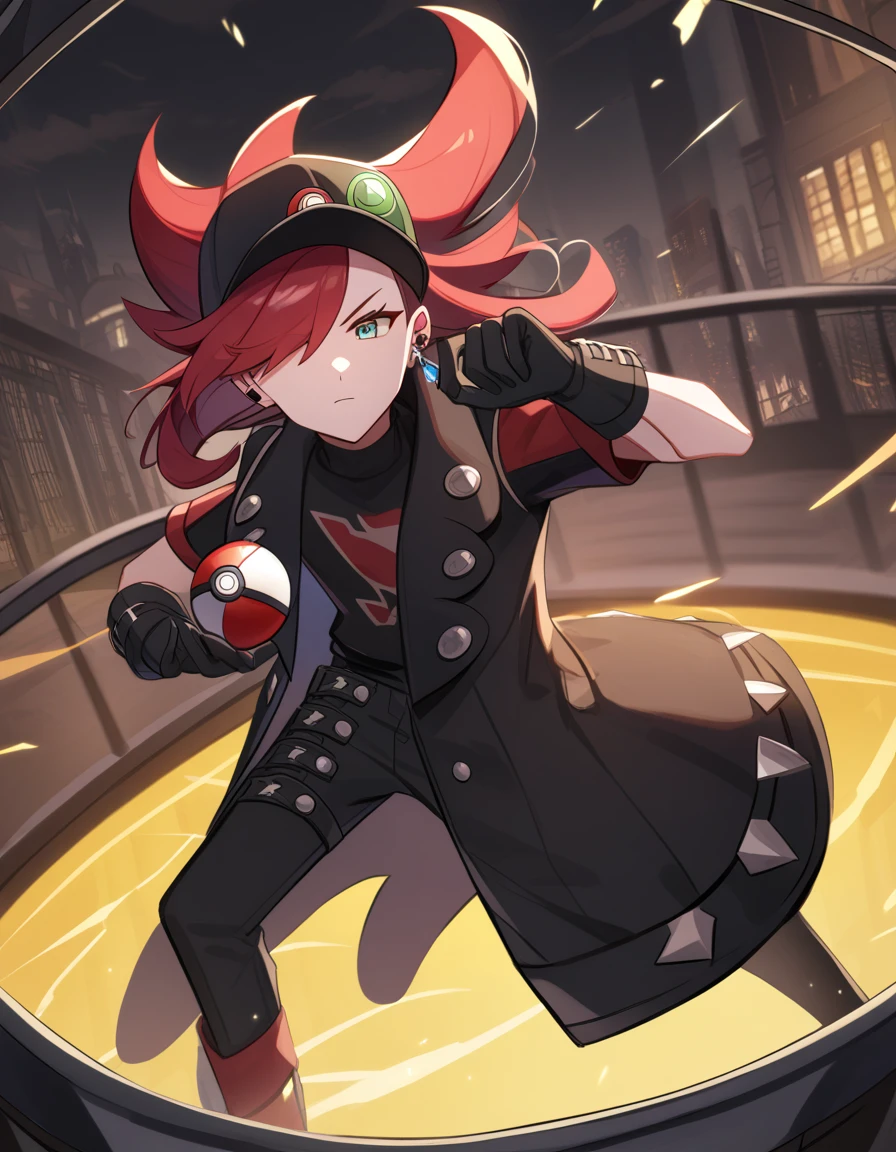 , hair lifted up, medium length hair, long bangs covering the left eye, , baseball cap with a pokeball symbol, red hair, beauty face, Eyes red, black jersey, loose red short-sleeved overcoat, pair of medium black gloves, eletric aura around the character, scene in a fighting arena, Your ear having a crystal earring, dynamax band for pokemon and gloves, City steampunk cenario, masterpiec, full hd.
