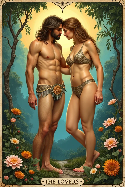 fullbody, painted of full body of four peoples, foot on ground, a standing greek handsome man give an apple to a naked woman with flower, a woman with shield, a woman stand front of a Peacock, masculine, mature, muscular, hairy torso, fantasy, intricate, elegant, highly detailed, digital painting, artstation, concept art, smooth, sharp focus, illustration, art by gaston bussiere and alphonse mucha, looking each other.