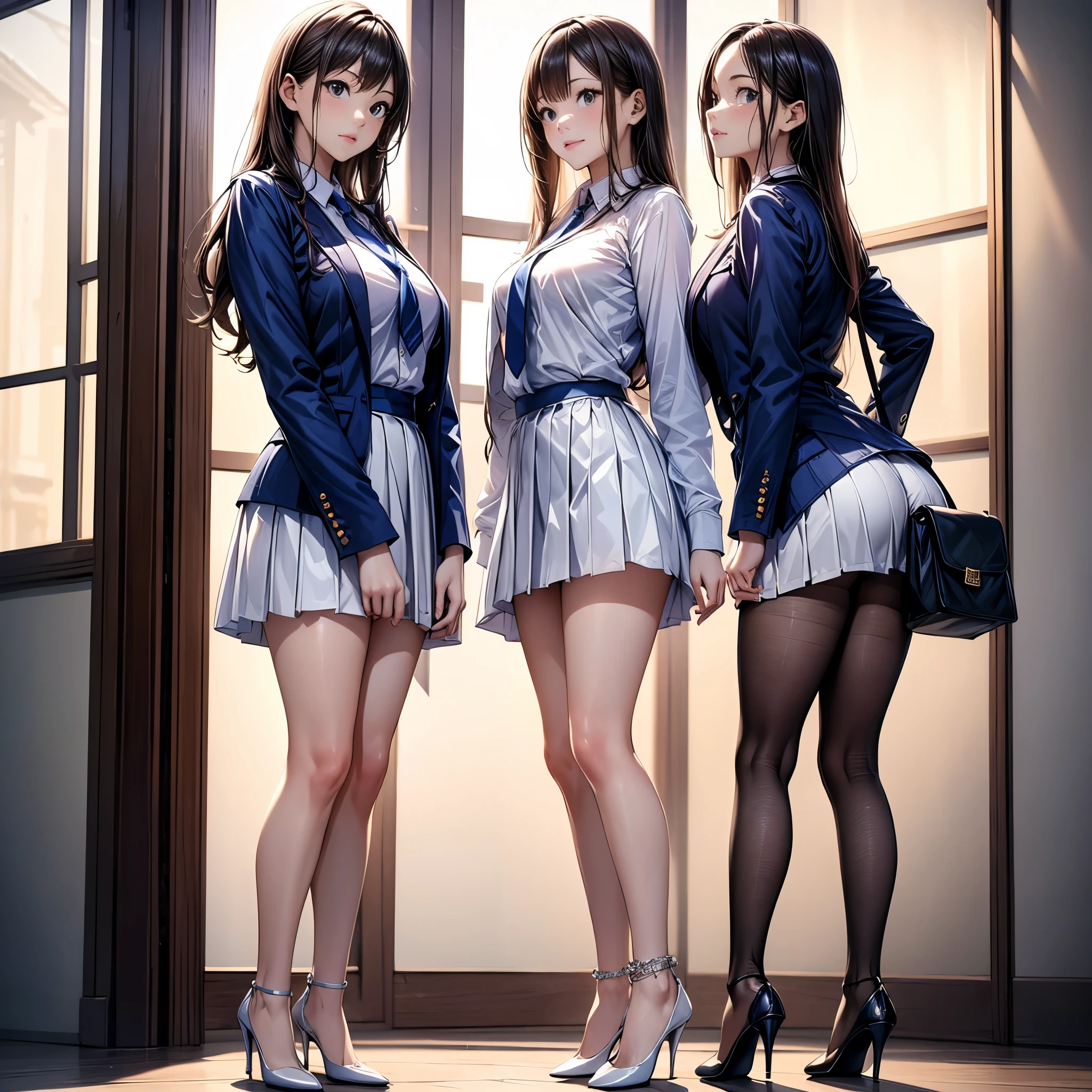 (masterpiece:1.3),(best quality, highest quality),((Full Body Shot,Including face)),2girls,4K,masterpiece,((Focus on the face)),((Symmetrical facial features)),Beautiful woman,(Slender),((High heels,stockings,anklet)),Facial detailing,(Navy blue jacket、White Shirt、tie、Block pleated skirt:1.3)、sideways glance、tie、Backlit by the setting sun cityscape、