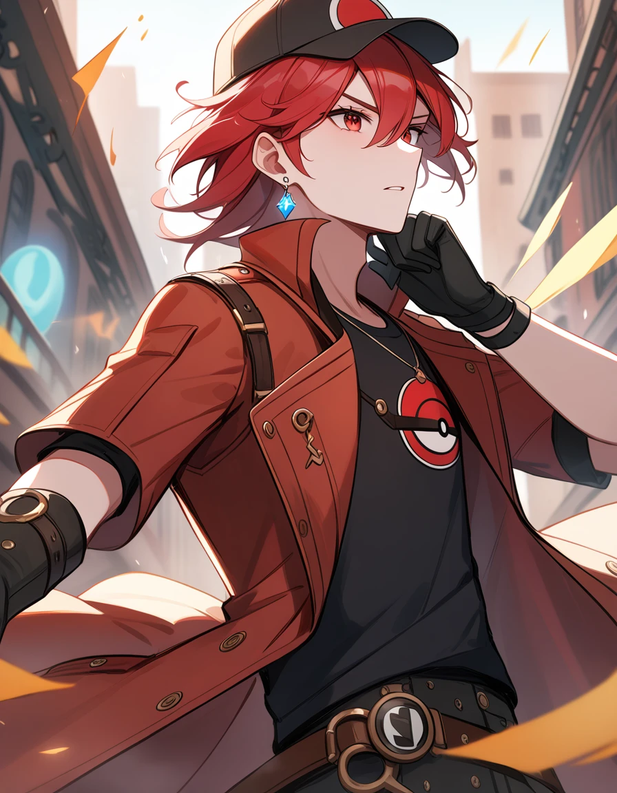 , hair lifted up, medium length hair, long bangs covering the left eye, , baseball cap with a pokeball symbol, red hair, beauty face, Eyes red, black jersey, loose red short-sleeved overcoat, pair of medium black gloves, eletric aura around the character, scene in a fighting arena, Your ear having a crystal earring, dynamax band for pokemon and gloves, City steampunk cenario, masterpiec, full hd.
