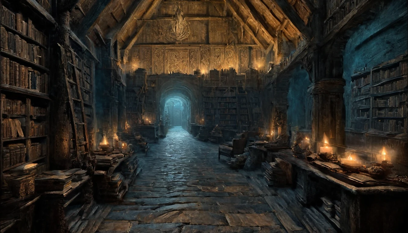 In the heart of an ancient, dimly lit Nordic library, rows of towering shelves filled with mysterious, weathered tomes stretch into the shadows. The air is thick with the scent of old parchment and dust, and the flickering torchlight casts long, eerie shadows across the stone walls. Each book is bound in dark, cracked leather, etched with strange runes and symbols that glow faintly in the low light, hinting at forgotten knowledge. Some spines bear intricate metallic clasps, dragon heads, or silver filigree, tarnished with age, while others are frayed and barely holding together. Cobwebs cling to the corners of shelves, untouched for centuries. The muted colors of cold blues, deep browns, and flickering golds enhance the mysterious, cinematic atmosphere, with whispers of ancient magic seemingly lingering in the silence. A faint glow emanates from a few select books, suggesting hidden power, as if the library itself is a keeper of dark secrets waiting to be unveiled., Surrealism, Hyperrealism, UHD, retina, masterpiece, accurate, anatomically correct, textured skin, super detail, best quality, 16k