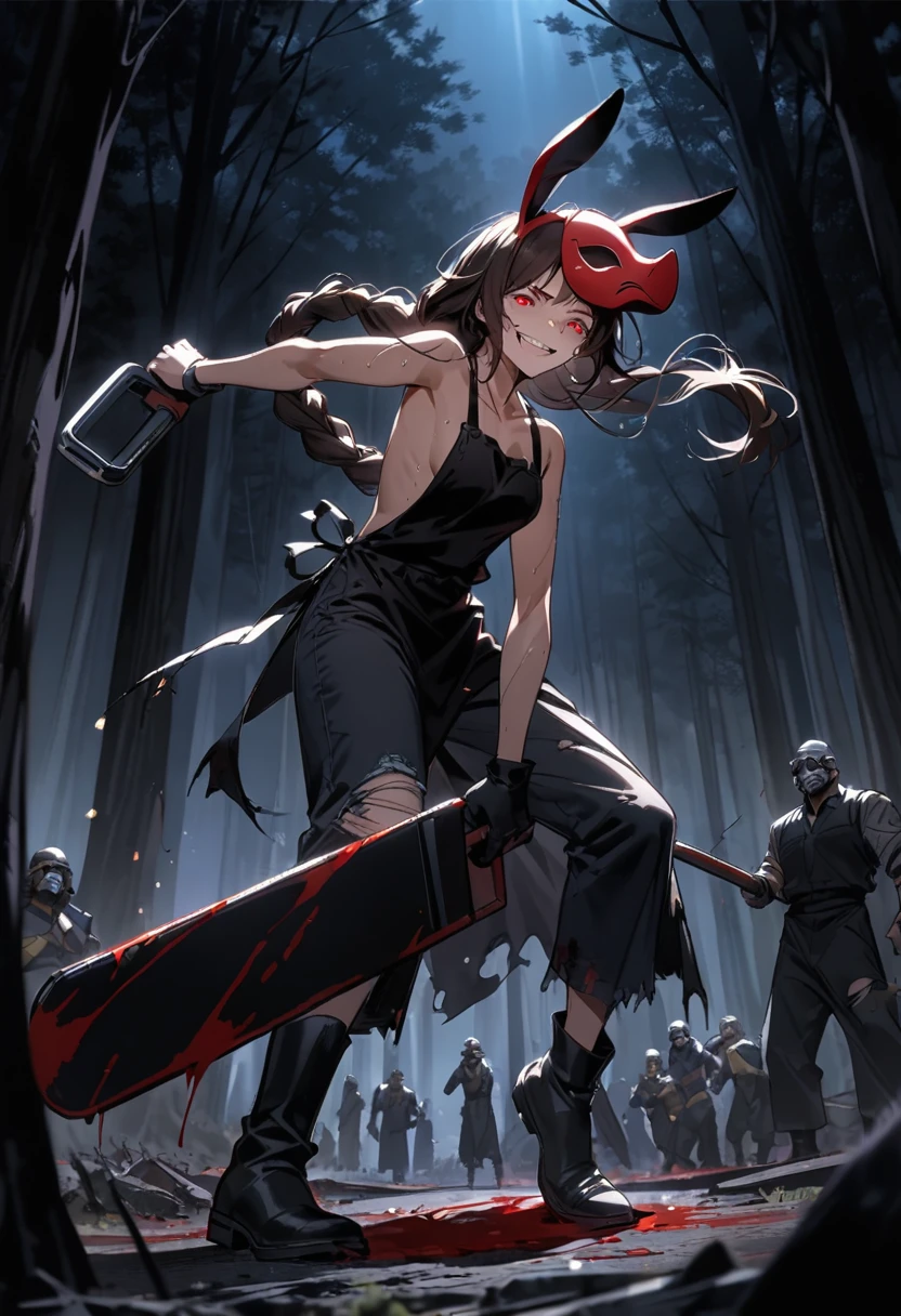 A mature woman surrounded by a forest, Dark brown messy hair in a long braid with sweaty perky bangs, Red eyes, has a simple rabbit mask on the side of his head, He wears a very long black industrial safety apron that reaches down to his feet., evil smile, holding a bloody chainsaw, ripped and torn baggy jeans, shirtless under the apron, dynamic pose, blood stained clothes, at night, dramatic blue light, black boots