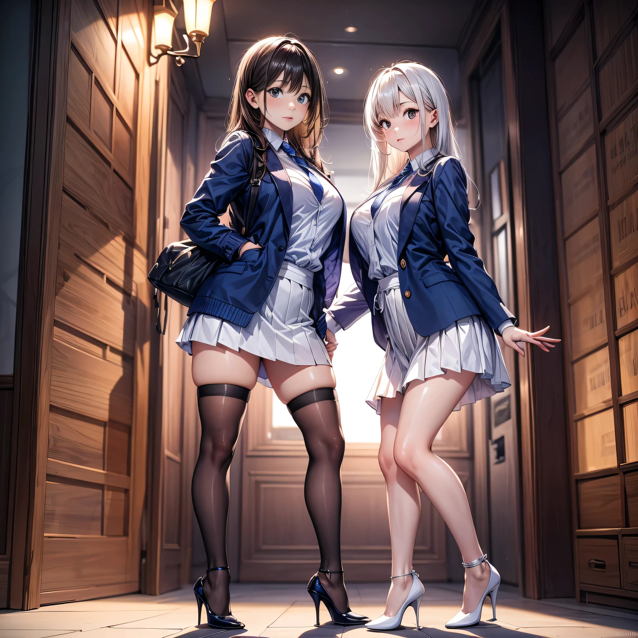 (masterpiece:1.3),(best quality, highest quality),((Full Body Shot,Including face)),2girls,4K,masterpiece,((Focus on the face)),((Symmetrical facial features)),Beautiful woman,(Slender),((High heels,stockings,anklet)),Facial detailing,(Navy blue jacket、White Shirt、tie、Block pleated skirt:1.3)、sideways glance、tie、Backlit by the setting sun cityscape、