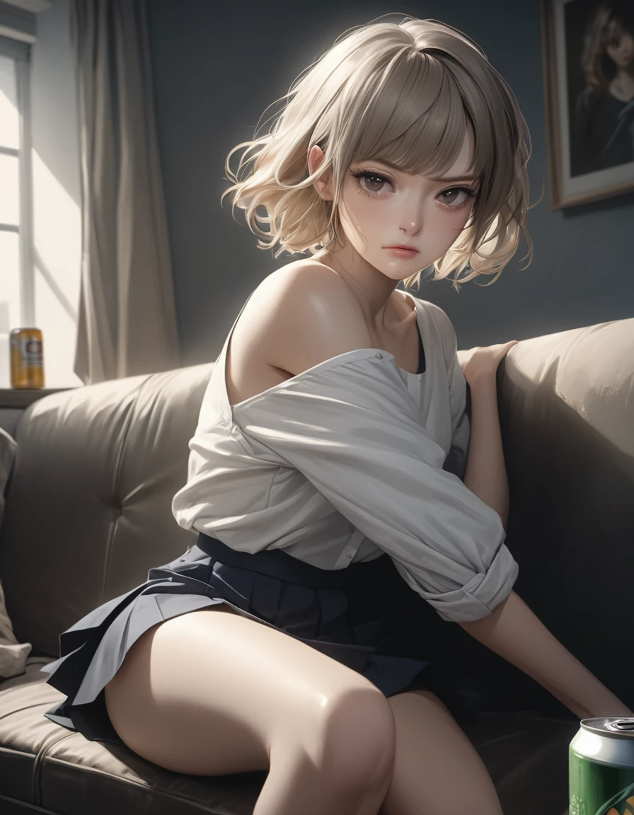 1girl, career woman in her 30s, short permed hair, navy skirt, tired expression, taking a canned beer from fridge, holding beer can in right hand, sitting on black sofa with legs spread 140 degrees, arms on sofa back, angry facial expression, (best quality,4k,8k,highres,masterpiece:1.2),ultra-detailed,(realistic,photorealistic,photo-realistic:1.37),highly detailed portrait, dramatic lighting, cinematic mood, muted color palette, oil painting style