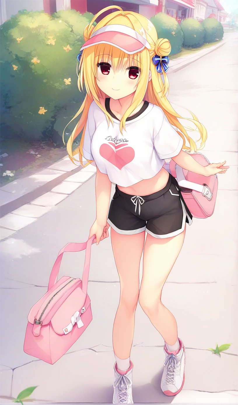 1girl,hiyori-default,hiyori-default,red eyes,blonde hair, double bun,ahoge, long hair, Cropped white T-shirt, black high-waisted shorts, white sneakers, pale pink cap, Sporty crossbody bag for one person, smiling, sidewalk, tree