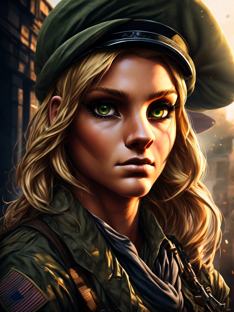 Marie, blonde hair, green eyes, BC Freedom military uniform, hat, detailed military uniform, military hat, detailed face, beautiful detailed eyes, beautiful detailed lips, extremely detailed face and eyes, long eyelashes, photorealistic, hyper detailed, ultra-realistic, cinematic lighting, dramatic lighting, intricate details, highly detailed, realistic skin, volumetric lighting, cinematic composition, digital art, 8k, high quality, masterpiece