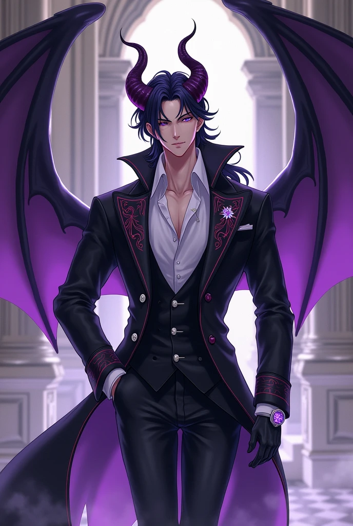 Handsome male, purple hair, short hair, red eyes, horns, ear piercings, detailed body, detailed hands, grey button shirt, wearing chest harness, black pants, black boots, night fall, standing in palace, arrogant look, good looking, ring on finger, big bulge in plants, black wings