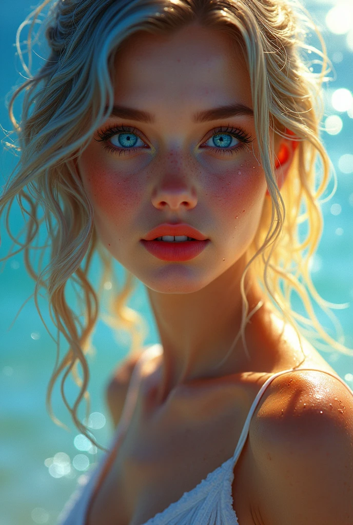 Bioluminescent, Sally Mann, Edward Weston, cinematic photo, tropical beach, unclothed female in bikini, neon material, bioluminescent, holographic waves, 35mm photograph, bokeh, professional, 4k, highly detailed, luminous, tranquil, intimate, zoomed, enchanting, natural beauty, poetic.