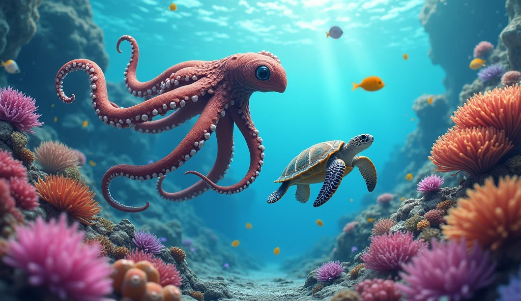The background of the illustration is a wide and bright sea. A swimming octopus, There is a beautiful area of coral reefs in the sea,Corals are colorful and diverse,It emits a colorful glow,Small fishes are swimming freely around.,The whole illustration is full of warmth and energy,Marine life swimming freely in a bright underwater world,It gives a peaceful and lovely feeling