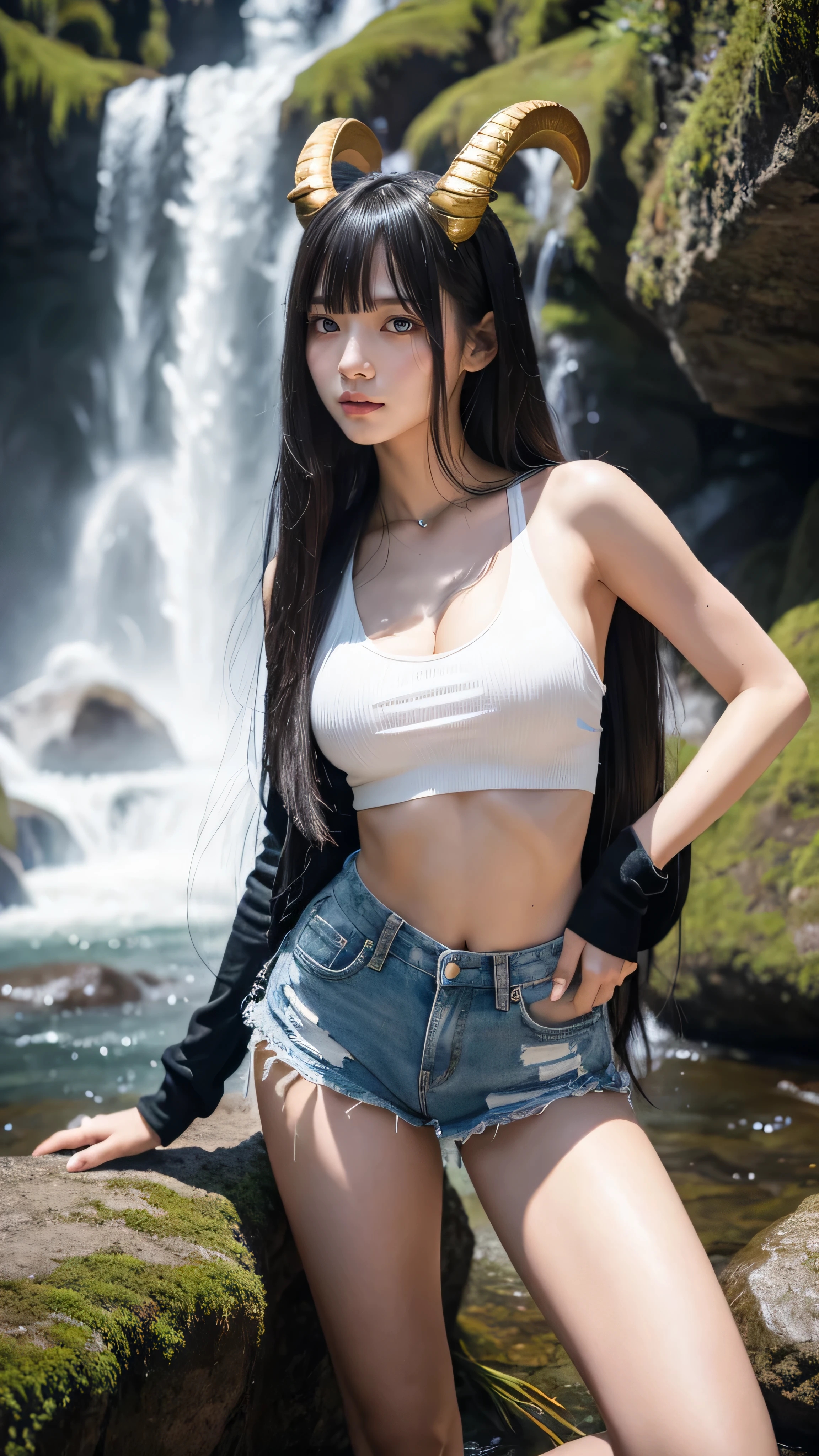 woman with black hair, grey-eyed, Caucasian skin, lying surrounded, grunge style, bangss, small eyes, Bela , 8K, white wigs,SUNSET, 2000s, toned full body