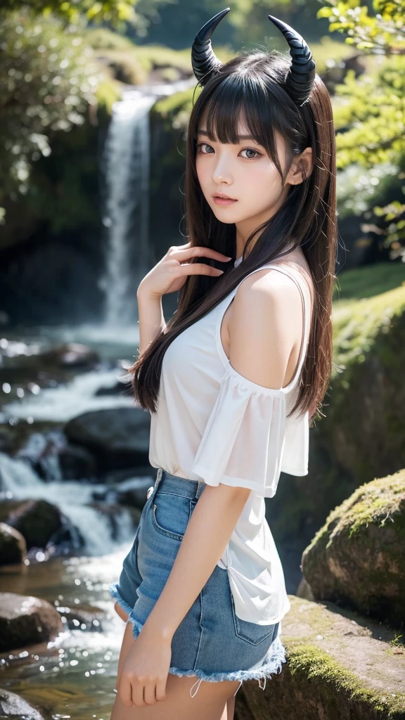 最high quality、high quality、best image quality、8k、最High resolution、High resolution、最high quality、masterpiece、RAW photo、whole body写真、Realistic human body in every detail、Realistic skin in every detail、Realistic face in every detail、Realistic eyes down to the details、Realistic lips in every detail、Realistic teeth in every detail、Realistic ears down to the last detail、Realistic hair down to the last detail、Realistic arms down to the last detail、Realistic reproduction of every detail、Realistic fingers in every detail、(fine hands、thumb1reference4)、Realistic feet in every detail、Realistic feet in every detail、Realistic breasts down to the last detail、((beautiful japanese girl))、(japanese model), (japanese woman)、((18 year old beautiful girl))、(black hair)、(straight hair)、((whole body))、((beautiful upturned chest))、(stylish slim style)、(whole body光沢肌、Fair skin)、Detailed and realistic human body、detailed realistic skin、detailed realistic face、detailed realistic arms、detailed realistic fingers、Detailed realistic feet、detailed realistic breasts、soft natural light、jungle with waterfall、waterfalls of different heights、big waterfall、waterfall with force of water、((Sit on a rock in front of the waterfall(背景にbig waterfallが見える))、((It gets wet and see-through(Shorts Half Top Camisole))、((bathe in waterfall water(Soaked skin from head to toe))、((Water dripping from the skin))、((Shorts Half Top Camisoleが濡れて肌にピタッと張り付く))、((濡れたShorts Half Top Camisoleの上からでも体のラインがはっきりわかります))、((Shorts Half Top Camisoleから滴る水))、sexy pose、angle from below