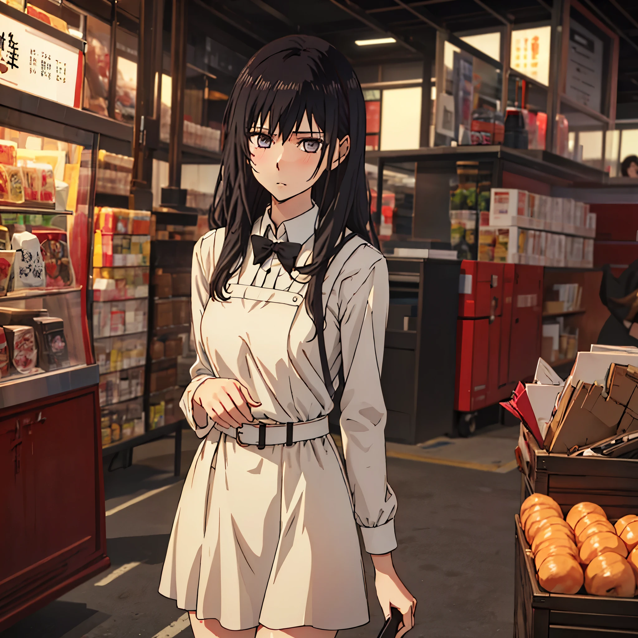 ((masterpiece,best quality)), highres, extremely detailed 8K wallpaper, depth_of_field, best shadow, (Colorful),(Delicate eyes and face), nice hand, Perfect hands, (no lighting), Ray tracing, BREAK
(1girl), touko, long hair, black hair, gray eyes, slender, skinny, medium breasts, bangs, (full-face blush), slender, skinny, BREAK,
standing, perfect hands, BPD,((black pinafore dress)),long skirt,red bowtie,belt, BREAK,
Cowboy Shots and knee, bedroom, (((night time))), ((dark backgrounds:1.6)),