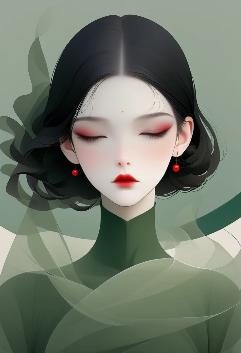 (masterpiece, :1.2), 1 girl, Solitary,Beautiful face，Red lips，Black Hair，Simple hairstyle，Minimalism Art Nouveau，Illustration style，Black and green，geometry