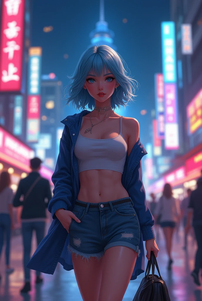 1girl , a 17 yo girl , , super adorable , full head ,(Body : (small breasts) , Skinny ) , ((tmasterpiece)) , (Very detailed CG unity 8K wallpaper) , best qualtiy , cinematic lighting , (hi-top fade:1.3) , dark themed , Muted Tones , Subdued Color , highly contrast , (natural skin textures , Hyper-Realism , Soft light , sharp) , (Hair : (Light Cyan Hair:1.5) , (shoulder-length hair) , ponytail , (Cyan Blue eyes:1.5) , beautiful detailed eyes , (Bright eyes:1.5) , (Very fine and beautiful) , (Beautiful and detailed eye description) , ( Background : (Random Amusement park at night Background) ) , Blur Background , (Topless) , Periwinkle Big Shape Jeans , Light cyan Furry Strapped Combat Bootie Boots , Full body shot , random view ,(Joyful Emotion:1.5) , Happy expression , (Pose : random pose , smile shy ) , (hair covers one eye : 1.5), Navel, small breast