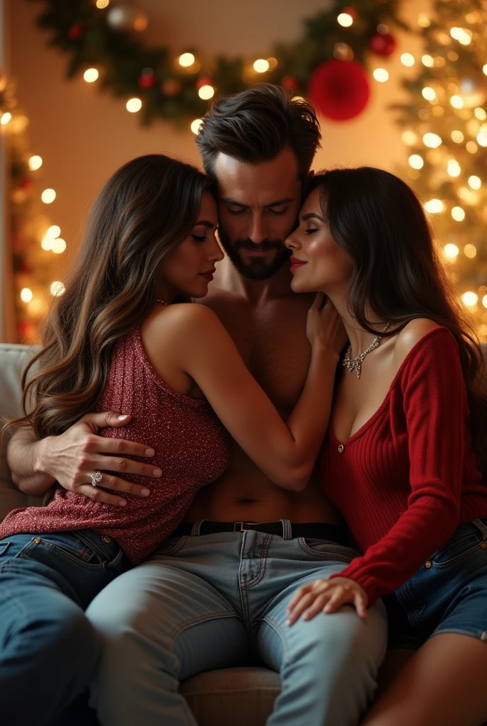 auburn haired Norwegian nude woman hugging a dark haired nude man in front of a Christmas tree. indoors, night, warm light