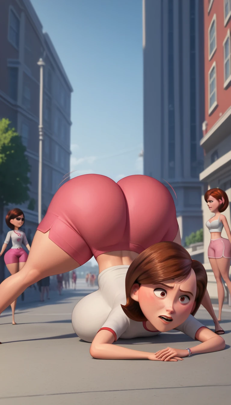 The incredible, Helen Parr:1.3, 3d:3.1, 1futanari, pau futanari, huge breasts, Jack-o pose,ass,dat ass, ass shake,lard ass, fat ass, Bouncing ass, public,huge butt, being praised, blusa branco, white bra mini:1.1, pink shorts short:1.1, bunda levantado