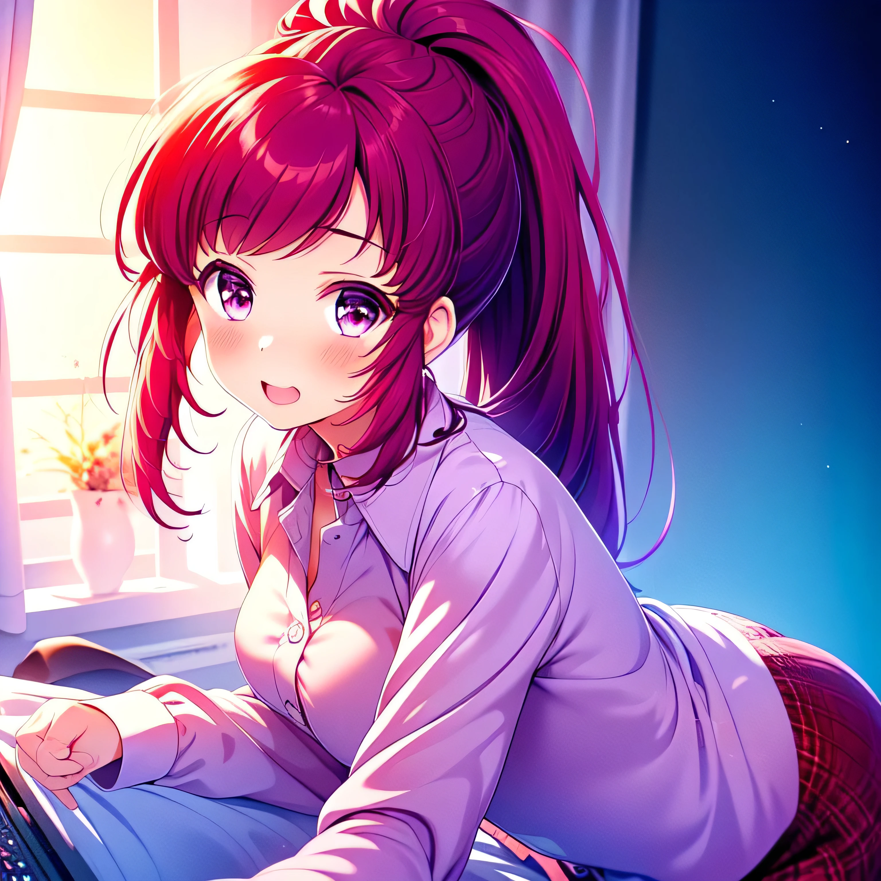 ASAMIKE, (masterpiece, Best Quality, beautifully、Midea:1.3), (r), ((One girl), (alone)), Cute Smile, Opening your mouth makes your cheeks red, Lively expressions, (Silvery medium-violet-red hair with reddish magenta streaks:1.4), (Gradient medium-violet-red hair tip:1.6), hair, Ridiculously long hair, ((High Ponytail:1.3)), Wavy Hair, Shiny hair, Floating hair, (Deep Red eyes), Delicate eyes, Red eyes, Very beautiful eyes, Vivid eyes, Long upper eyelashes, Compensate, Focus on the face, Very detailed facial, Beautiful face, Perfect breasts, Hot body, (Delicate skin texture:1.2), break, (nude, ((Collared shirt,:1.3))), (Cute Smile:1.1), ((wearing a Collared shirt:1.2, View your viewers:1.1)), ((A face waiting for a kiss:1.2, ass pov:1.1, wink:1.2, Please open your mouth a little, Focus on the face)), bedroom, gravure, (Embarrassed red cheeks:1.3), (Accurate fingertips:1.3, Views 4, Thumbnail 1), ((close:1.4), Cinematic angle), Very detailed, break, Emoji Pack, Emoji Sheet,