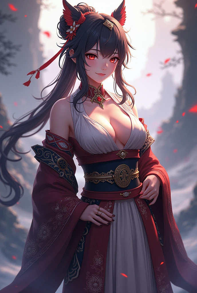 Red Eyes, (best quality, masterpiece painting:1.3), immature woman, 16 years old, (Half-length photo), masterpiece, Ultra-high resolution, (Photorealism:1.0), Black Hair, Ponytail, Straight Hair, Beautiful shiny hair, White and shiny skin, ((Ultra-realistic details)), Octane Rendering, Highly detailed face, (Large Breasts:0.8), 她穿着蛛网一样的clothing, Flowing red silk dress,Decorated with lace and ribbons, (clothing: Red lace silk dress with lace and ribbon),cleveage, Perfect body, soft skin, Anime Face, Perfect face, Perfect eyes, Looking at the audience, clever, Snow Scene, ((Snowflakes falling)), ((A wonderful night)), ((outdoor)), Clear focus, Intricate details, Professional artwork, (Vibrant colors:1.1), Vibrant colors, diffused Lighting, Digital Mixing, Ultra-clear body, Ultra-fine hair, Super detailed face, That'it'Popular on Pixiv, Top button open, 可爱的目Light, compensate, Perfect lips, perfect compensate, Ultra-precision coating, (Light_Smile:0.8), (so awkward:1.2), blush your nose,