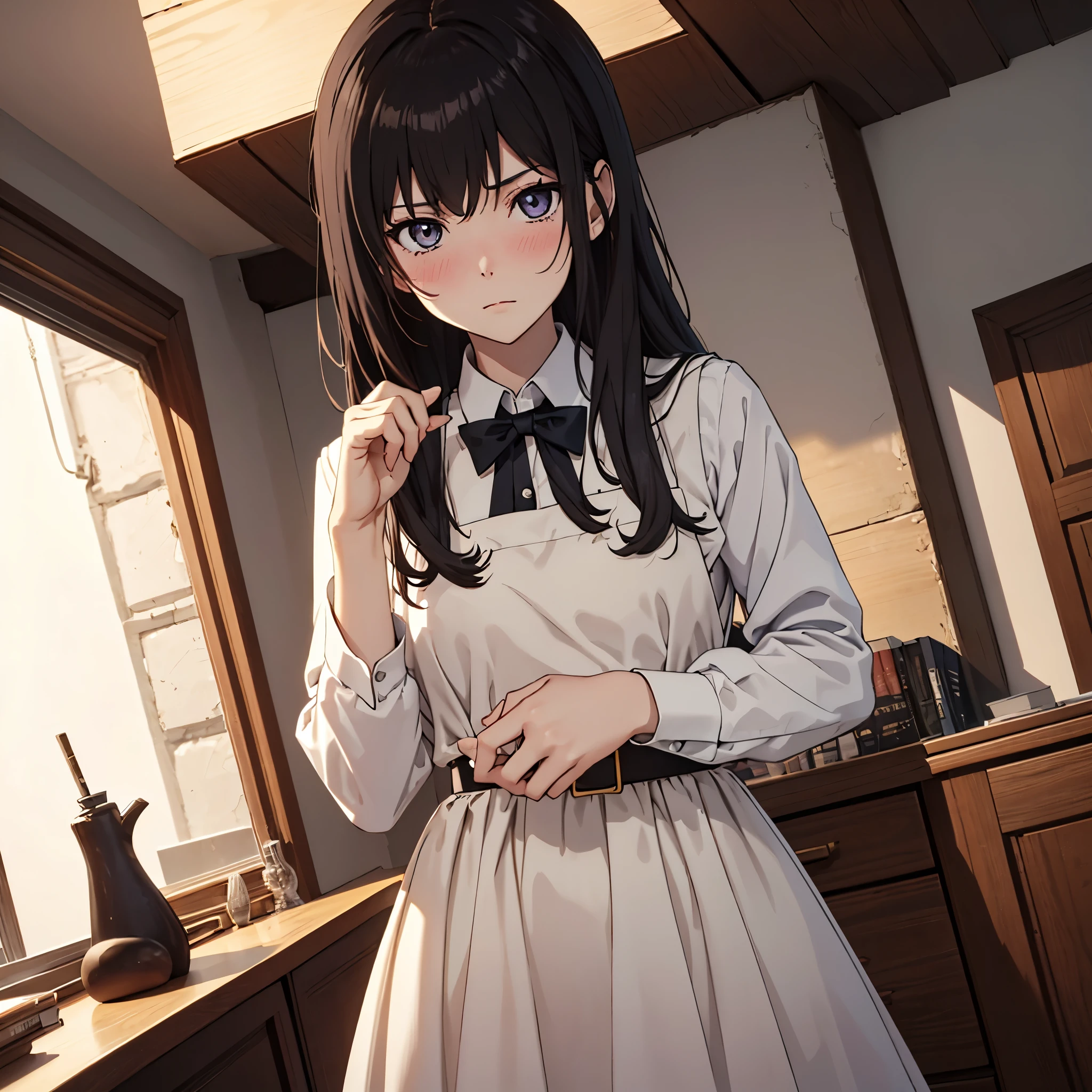 ((masterpiece,best quality)), highres, extremely detailed 8K wallpaper, depth_of_field, best shadow, (Colorful),(Delicate eyes and face), nice hand, Perfect hands, (no lighting), Ray tracing, BREAK
(1girl), touko, long hair, black hair, gray eyes, slender, skinny, medium breasts, bangs, (full-face blush), slender, skinny, BREAK,
standing, perfect hands, BPD,((black pinafore dress)),long skirt,red bowtie,belt, BREAK,
Cowboy Shots and knee, bedroom, (((night time))), ((dark backgrounds:1.6)),