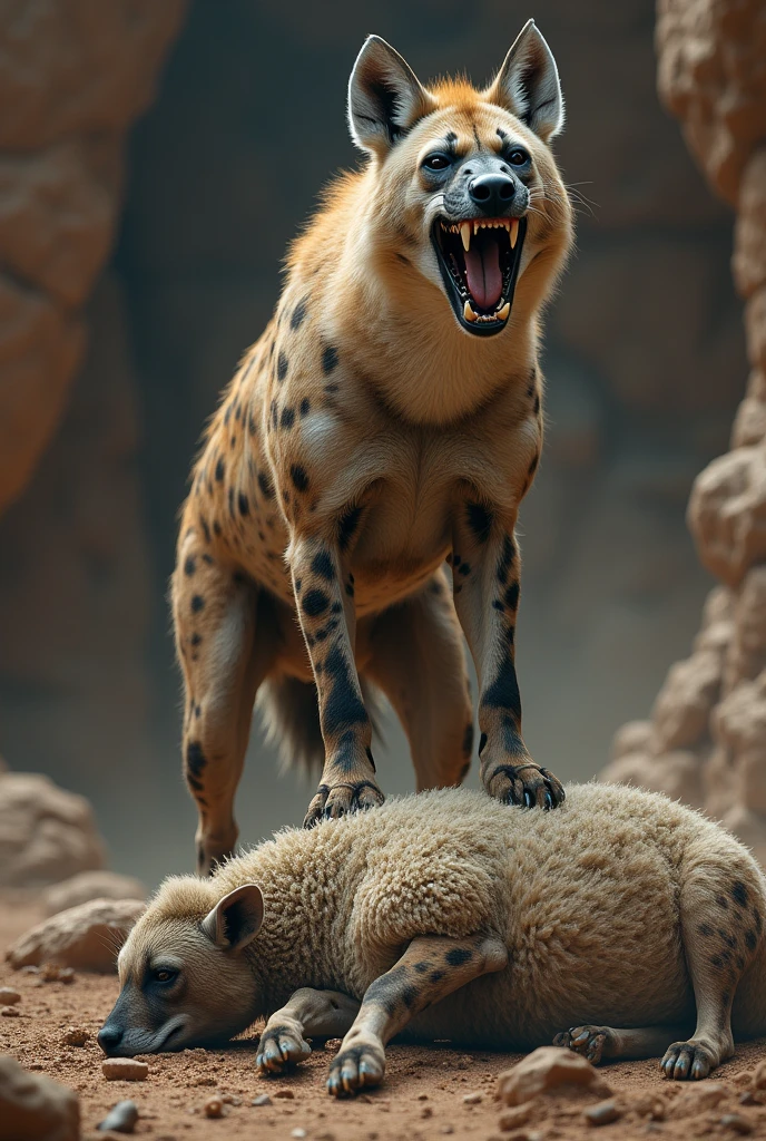 A powerful, muscular hyena stands triumphantly on a dusty African savanna, with one massive paw resting on the lifeless body of a animal cheetah. The hyenas skin is massive, with hints of battle scars. The cheetah lies sprawled on the ground, its black mane ruffled and stained with dirt, eyes closed in death. The hyenas mouth is open and bloody in a fierce roar, showcasing its dominance. The background is a vast, dry African landscape, with sparse vegetation, distant acacia trees, and a golden-orange sunset casting long shadows on the ground