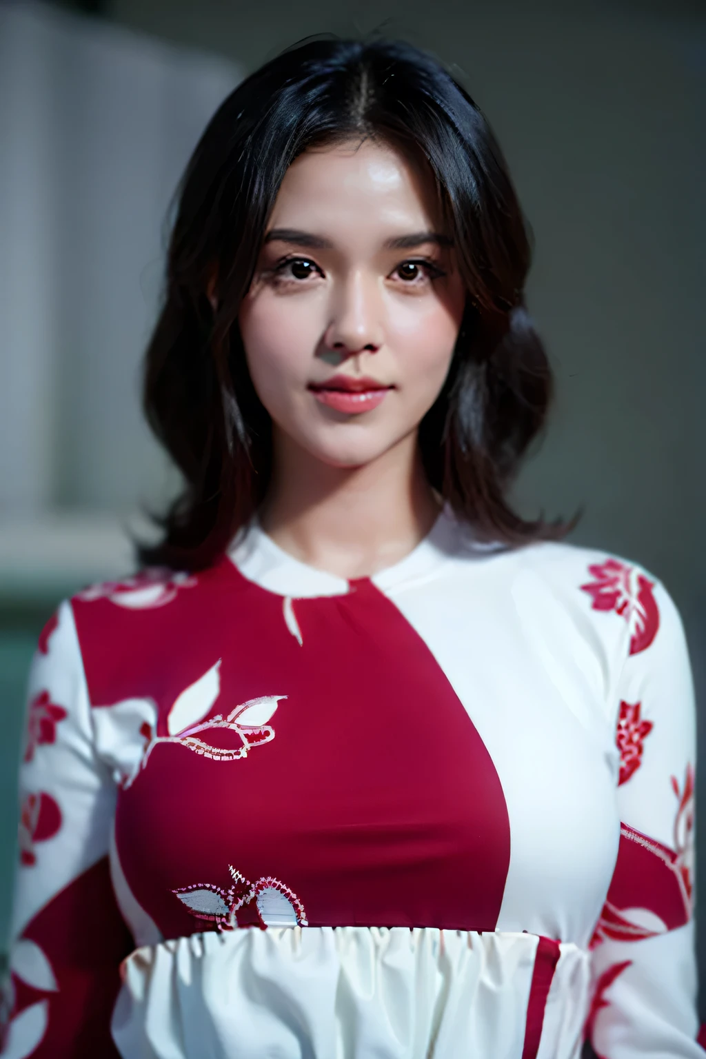 Create a full 3D cartoon style body with a big head. A 2 Indonesian woman. Height, ideal body, oval face shape. beautiful, slightly round eyes, clean white skin, thin sweet smile. Long black hair with shagy layers. Wearing a red shirt. Body position is clearly visible. The background is solid white. Use soft photography lighting, hair lighting, top lighting, side lighting. Highest quality photos, Uhd,16k, raisa6690, 1girl,
