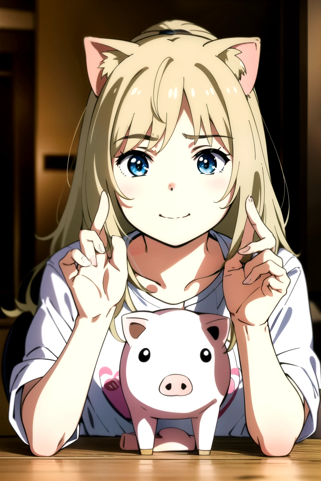 Rika Kawai, beautiful detailed eyes, beautiful detailed lips, extremely detailed eyes and face, long eyelashes, cute pig face, adorable pig ears, piggy nose, piggy hands, piggy tail, (best quality,4k,8k,highres,masterpiece:1.2),ultra-detailed,(realistic,photorealistic,photo-realistic:1.37), anime, cute, colorful, vibrant colors, warm lighting, fantasy, whimsical