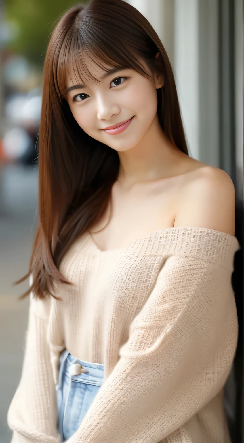 hight resolution, top-quality, Perfect dynamic composition, Beautiful detailed eyes, off shoulders、Radiant hair、Medium Hair, Natural Color Lip, college aged、Harajuku、A slight smil、Crouched figure、M-shaped legs