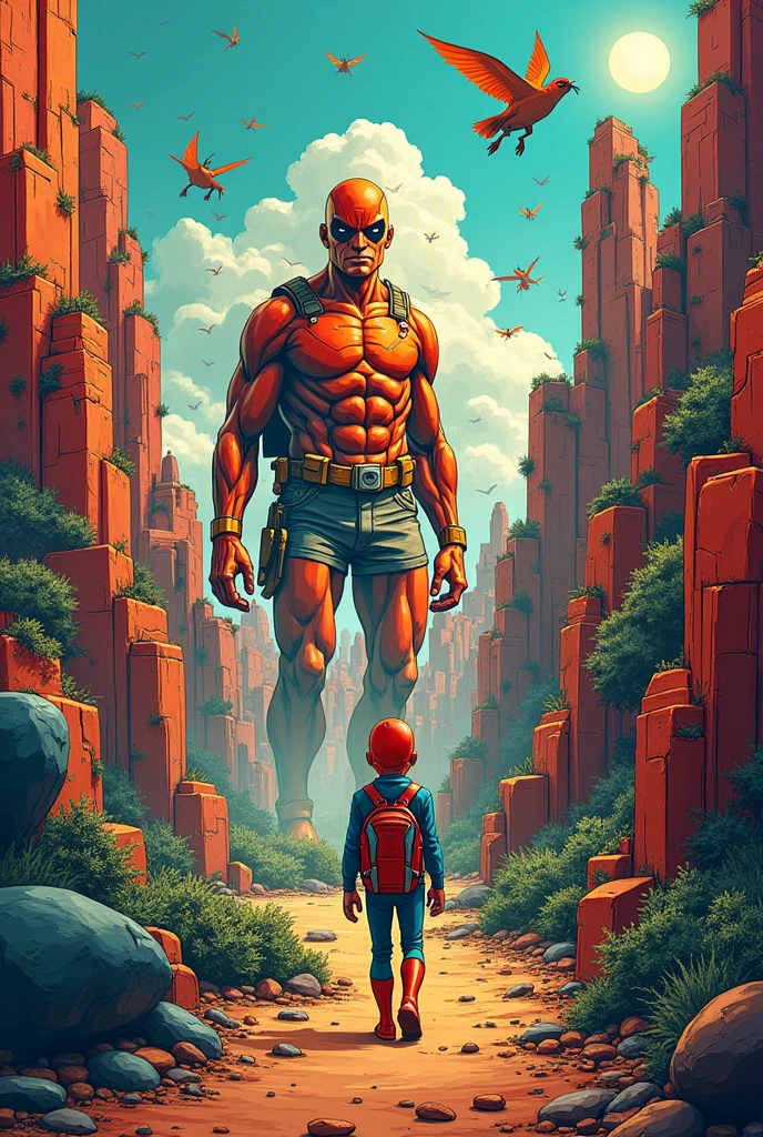 draw to pencil and create two characters, they must be formless non-human beings like studio ghibli . Strength and Movement they are friends adventurers and super brave. Strength robust red and Movement light blue, these on a fantastic land with forests, mountains and flowers, with running poses