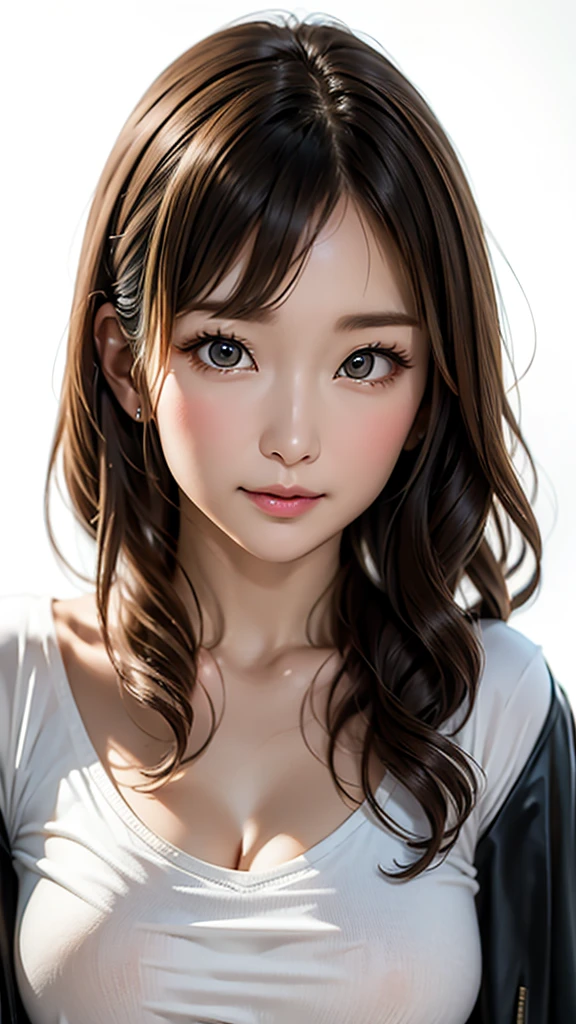 ((Beautiful Face:1.2)),Asian, beautiful, thin, cute, 30th Generation, beautiful Face, beautiful Skin, actress, Mature, Upper Body, Light Brown Hair, thin髪, Live Action, masterpiece, Best Quality, Highly detailed CG Unity 8K wallpaper, Ultra-high resolution, Casual Fashion, Lighting, Summer Fashion, (Natural brown hair: 0.8), (Wide Eyes), Watch the audience, Move around, Bleached Hair, Model pose, White background, Delicate skin types, Lightly curled hair, Hold your mouth with both hands, White T-shirt, Hair model photo