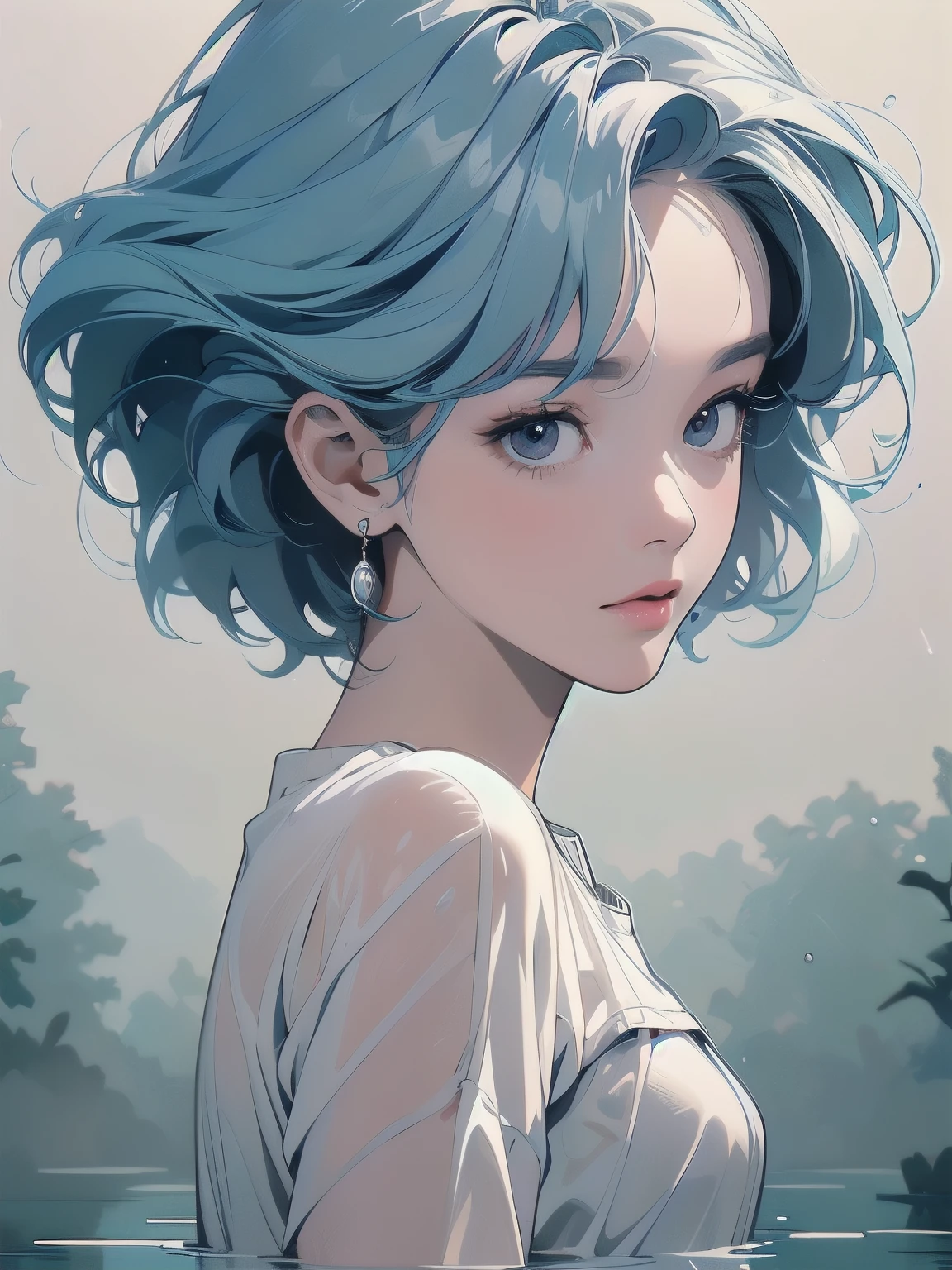 White background only、(((masterpiece, Highest quality)))、(((32K Wallpapers)))、((A pure white dead tree)))、(((A woman stands against a white tree)))、(((Small breasts)))、(((Submersion)))、Upper body photo,((((More angles))))、(((Reflection on the surface of the water)))、(((Perfect Face)))、(((Empty space)))、Detailed Hair、(((White clothes)))、(((Fog and dim lighting)))、(((Blue Hair)))、(((Soaking wet)))、(((Water Drop)))