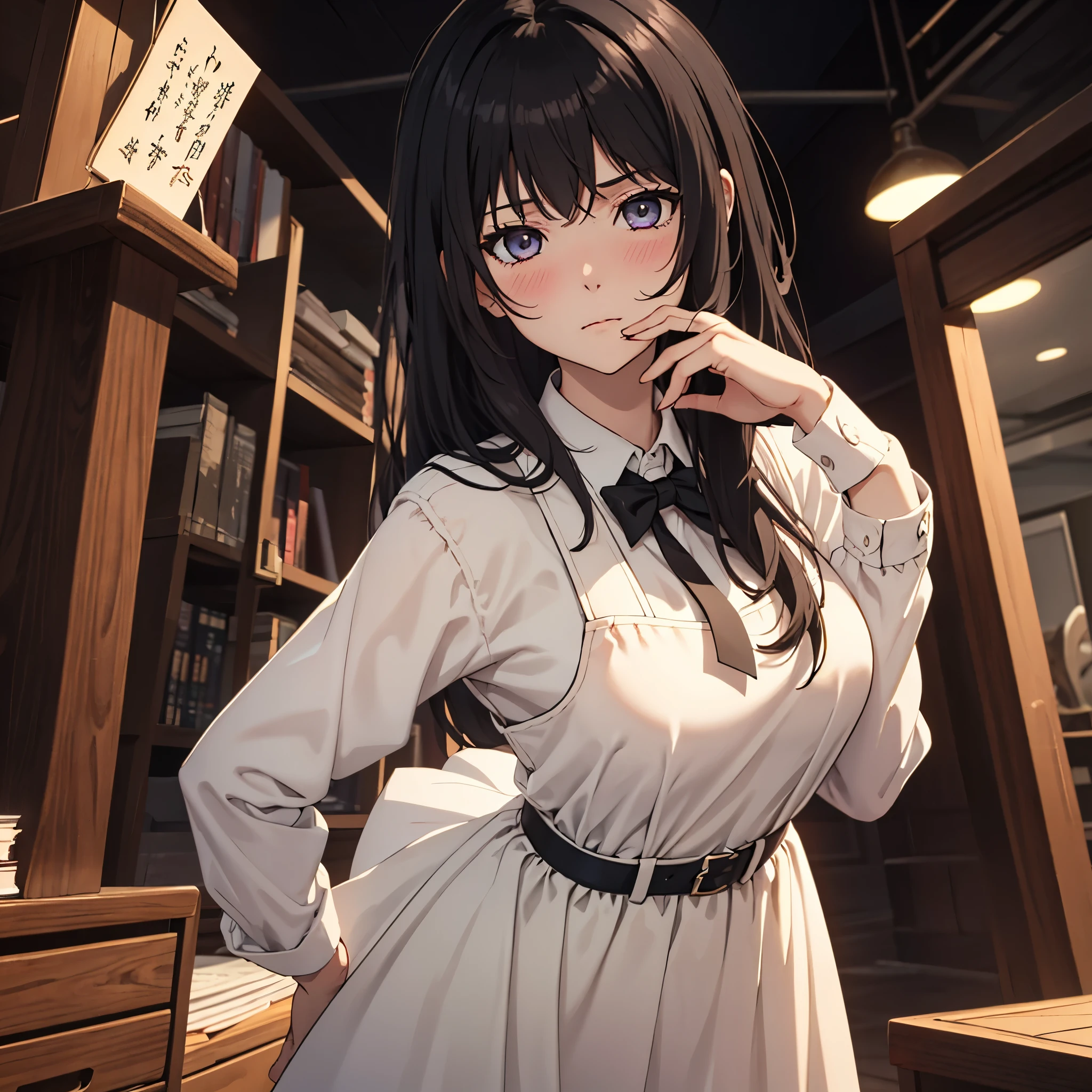 ((masterpiece,best quality)), highres, extremely detailed 8K wallpaper, depth_of_field, best shadow, (Colorful),(Delicate eyes and face), nice hand, Perfect hands, (no lighting), Ray tracing, BREAK
(1girl), touko, long hair, black hair, gray eyes, slender, skinny, medium breasts, bangs, (full-face blush), slender, skinny, BREAK,
standing, perfect hands, BPD,((black pinafore dress)),long skirt,red bowtie,belt, BREAK,
Cowboy Shots and knee, bedroom, (((night time))), ((dark backgrounds:1.6)),