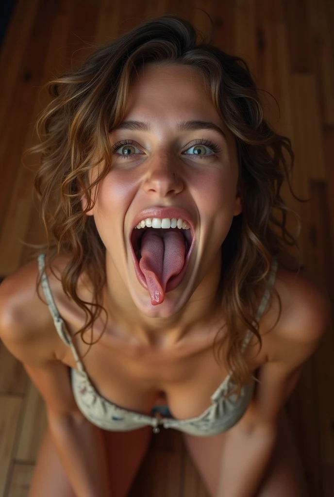 female white teen, mouth very wide open and smiling, tongue sticking out, extreme skin detail, ultra realistic, 8k, lustful libidinous expression, whole body photo, totally naked, spread legs showing extremely wet squirting pussy, deeply erotic scene, having strongest hardcore orgasm, immense joy and satisfaction from having strongest orgasm ever, open mouth screaming ecstatically from having immense orgasm, extremely strong eroticism and lust, ecstatically joyful from deepest strongest orgasmic feelings, deep erotic and lustful connection with viewer, gorgeous lustful open eyes lustfully begging the viewer to fuck her, the most suggestive hardcore erotic photo ever