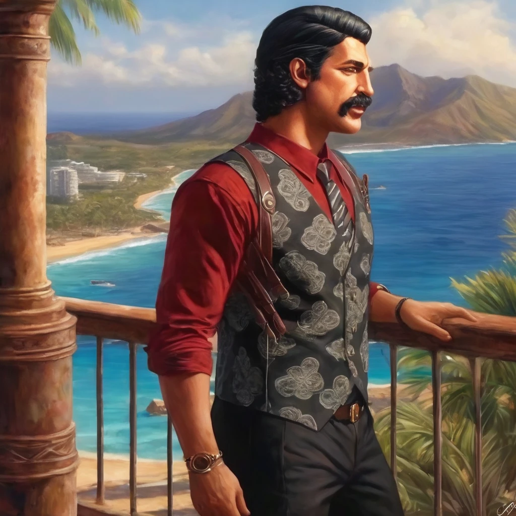 (obra maestra, Mejor calidad:1.2), 1 chico, thenahualli, serious, dangerous man, elegant, elegante, (((black vest))), balcony, Hawaii, views of the sea from the balcony, hands on back (((realistic, detailed, photorealistic))), de cerca, close up