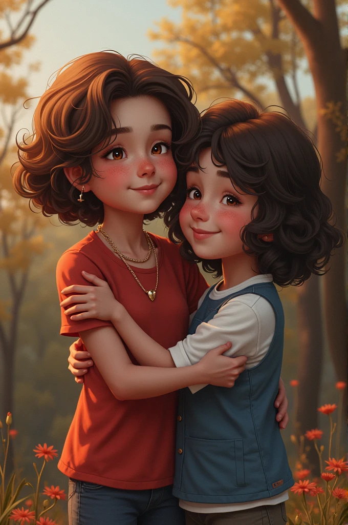 Create an image of three human sisters when they were in childhood with black, blonde and brown hair hugging each other But a real image