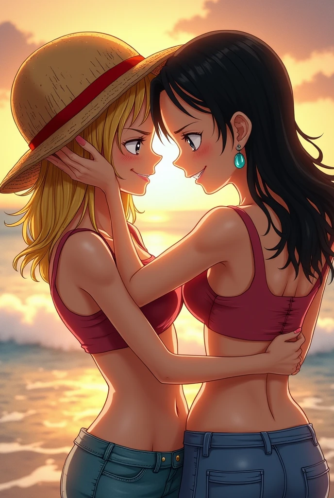 Nico Robin with Nami from one piece kissing, masterpiece, kissing, two girls, huge big breasts, bikini, bangs, One Piece, stripping, colored box background, saggy breasts, cleavage, out, undressing, black hair, orange hair, sloppy kiss, drool,
