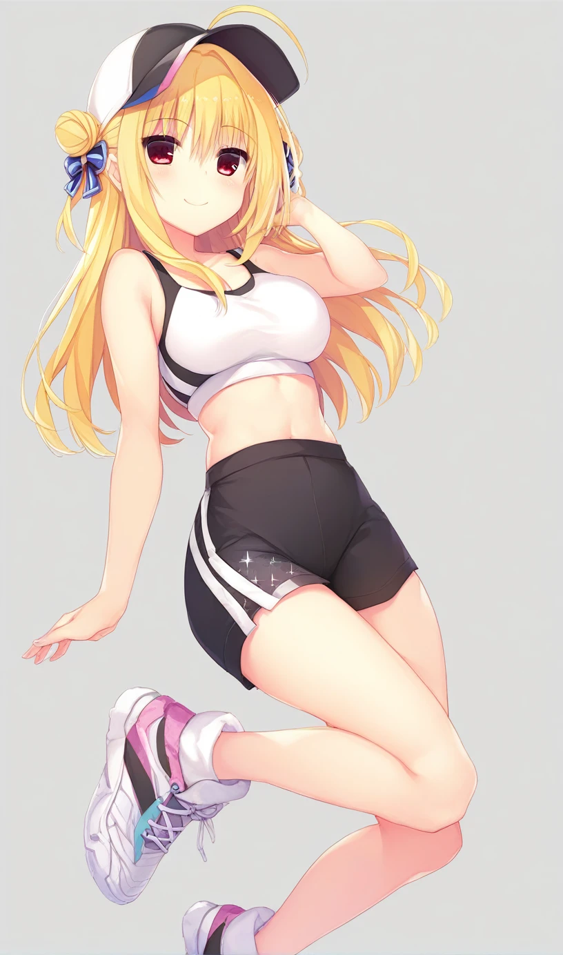 1girl,hiyori-default,hiyori-default,red eyes,blonde hair, double bun,ahoge, long hair, A white mesh tank top over a colorful sports bra, neon biker shorts, flashy fluorescent sneakers, a bright hat, and a sports brand waist bag, One person, smiling,