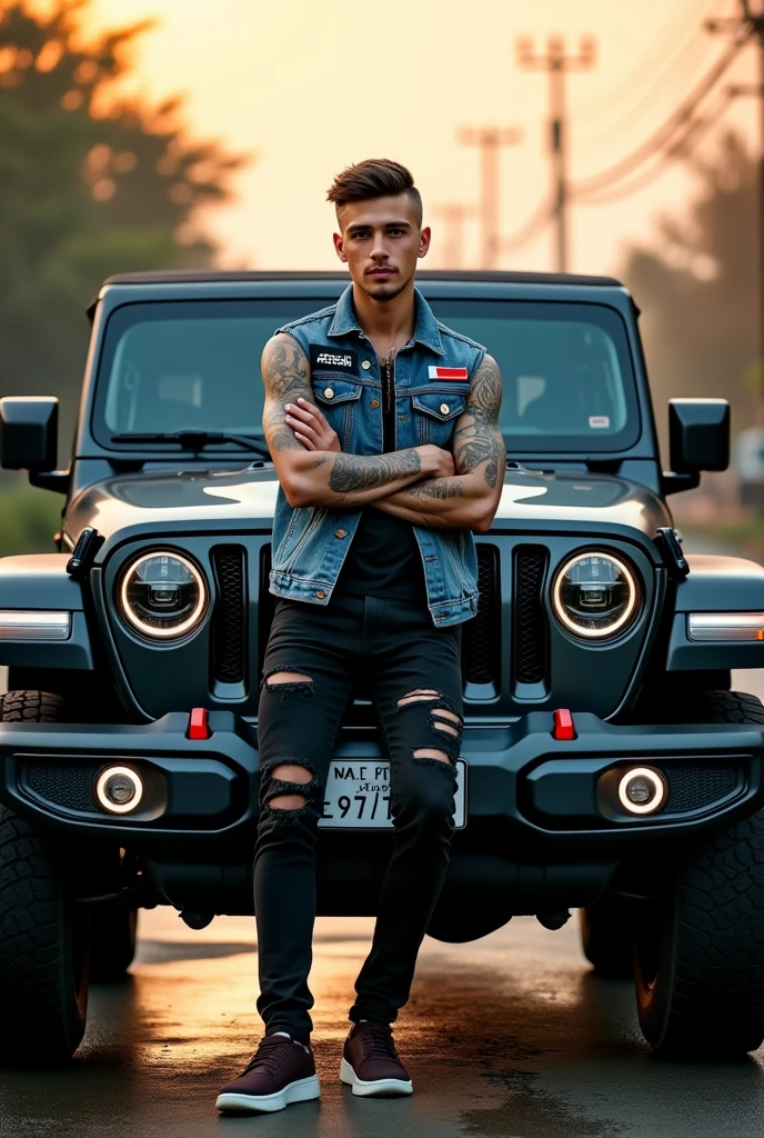 (photorealism:1.2), Young man as a punk rocker style(short hair) is holding a cigaretes on his finger((blowing the smokes)), t-shirts and tight scars jeans, standing beside his modified civic car(glossy blue)the traffic lights and marks, low angle camera shots, headphones(white) on his neck, nike sneakers, cars in the streets